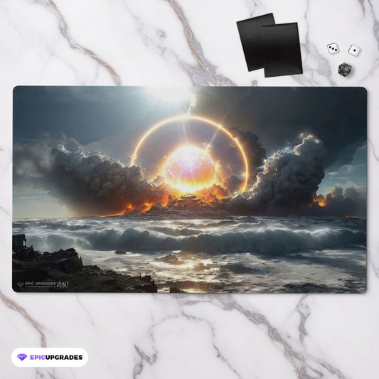 An emormous ball of godly wrath strikes the ground creating mass destruction. white mana board wipe wrath of god inspired by the iconic edh control card. mtg commander play mat 24 inches by 14 inches