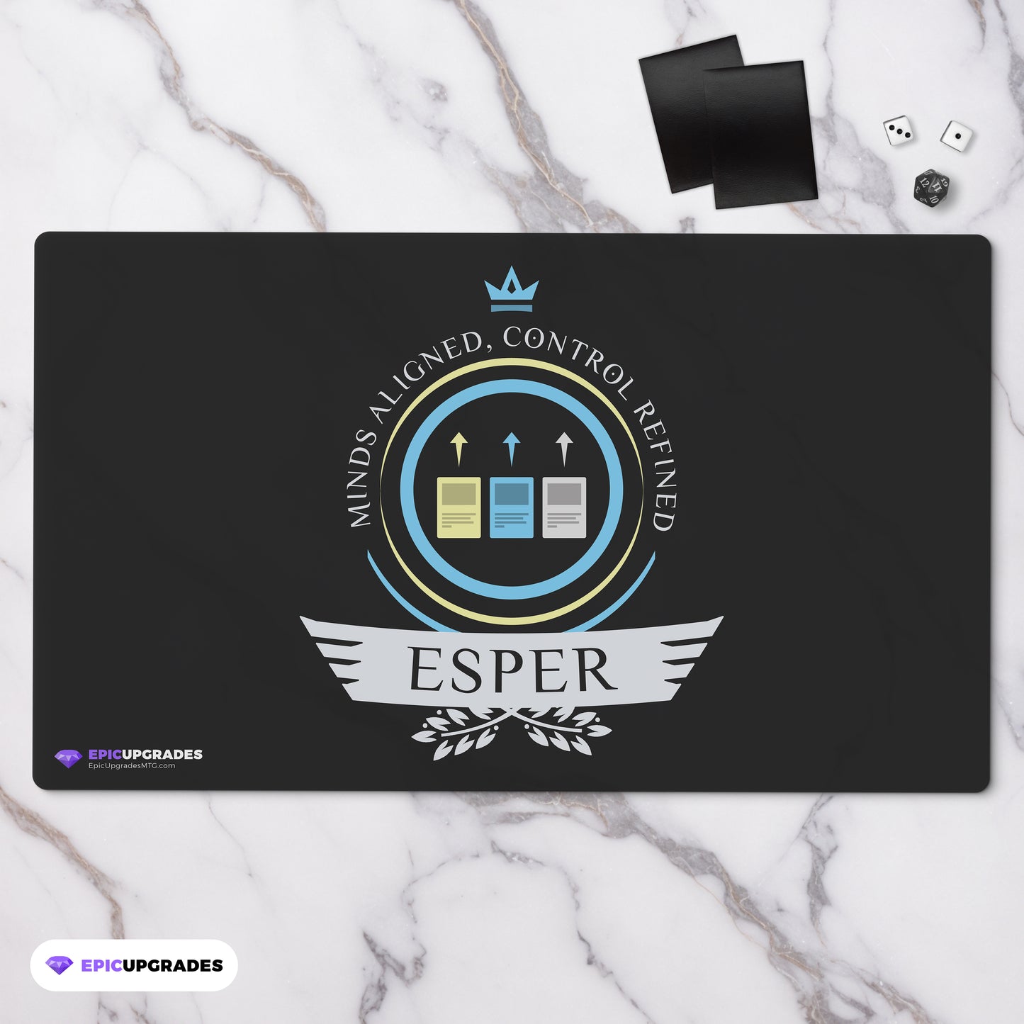 Vibrant, ethereal playmat featuring mesmerizing esper symbols in a cosmic backdrop, evoking mystic energies and enchanting visions. Perfect for avid Magic: The Gathering players seeking an otherworldly gaming experience.