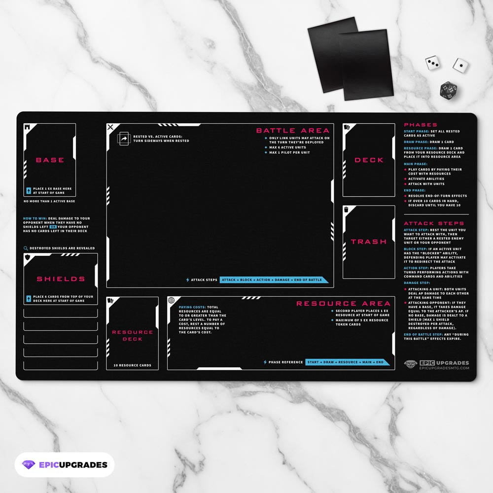 Beginner playmat for Gundam TCG players. Perfect for newcomers learning zones, phases, keywords, and gameplay flow. 24x14 inch size makes it easy to use and store. Great learning tool or gift for new players of the Gundam card game.