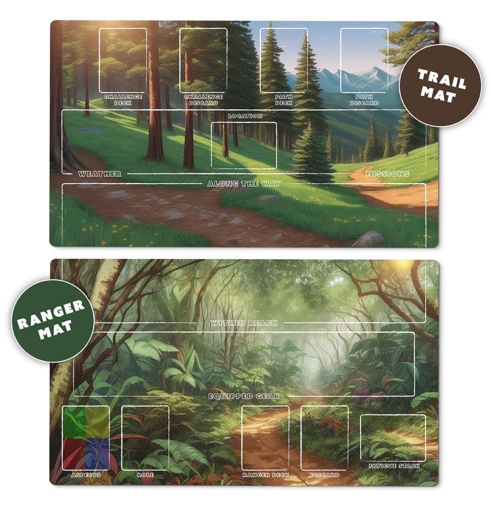 Earthborne Rangers two-piece playmat set with modular layout for deck zones, journey map, and campaign tracking.