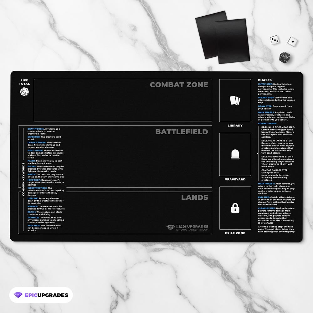 Beginner playmat for magic the gathering players. Rookie play mat mtg newbies with zones, phases, keywords, and life total. 14 by 24 inch dimensions. helpful learning gift for tcg newcomers