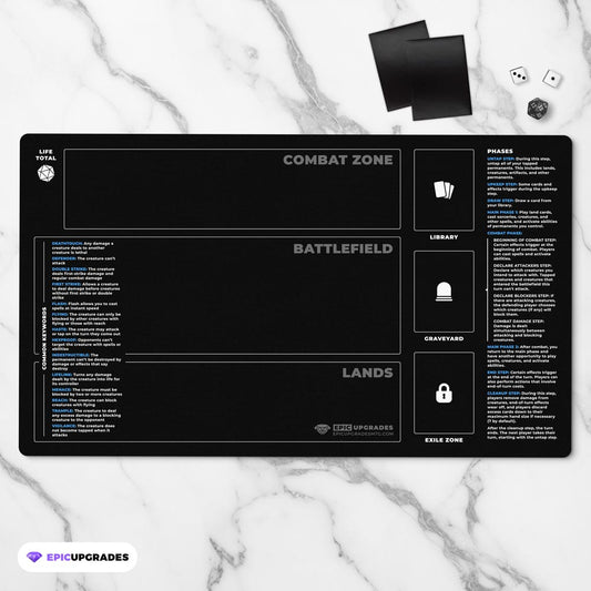 Beginner playmat for magic the gathering players. Rookie play mat mtg newbies with zones, phases, keywords, and life total. 14 by 24 inch dimensions. helpful learning gift for tcg newcomers
