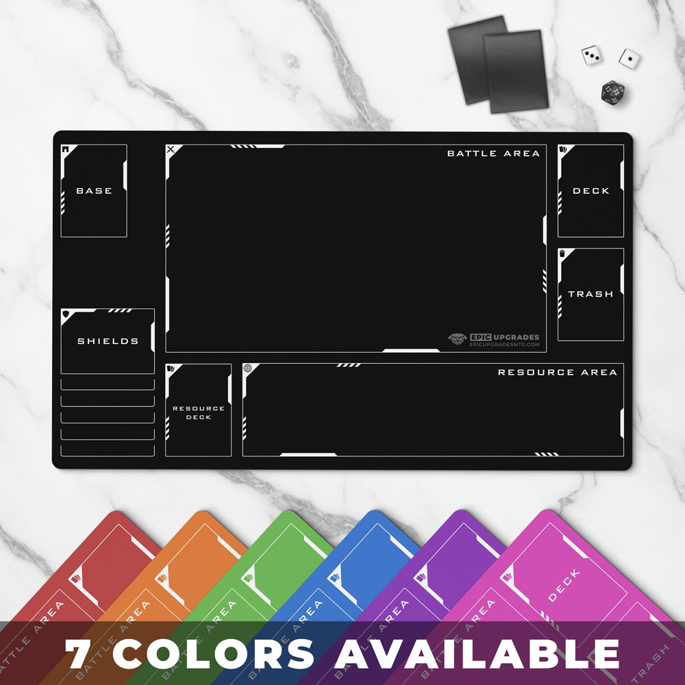 minimalistic playmat for Gundam Card Game players with zones. simple colored GCG card mat. 24 by 14 inch dimensions. helpful learning gift for tcg newcomers. black, red, orange, green, blue, purple, or pink colors available