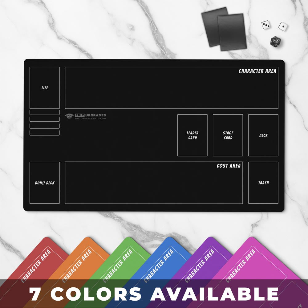 One Piece TCG playmat for OPTCG anime players minimal with zones. simple colored one piece card mat. 24 by 14 inch dimensions. helpful learning gift for one-piece newcomers. black, red, orange, green, blue, purple, or pink colors available