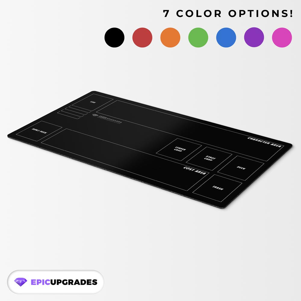One Piece TCG playmat for OPTCG anime players minimal with zones. simple colored one piece card mat. 24 by 14 inch dimensions. helpful learning gift for one-piece newcomers. black, red, orange, green, blue, purple, or pink colors available