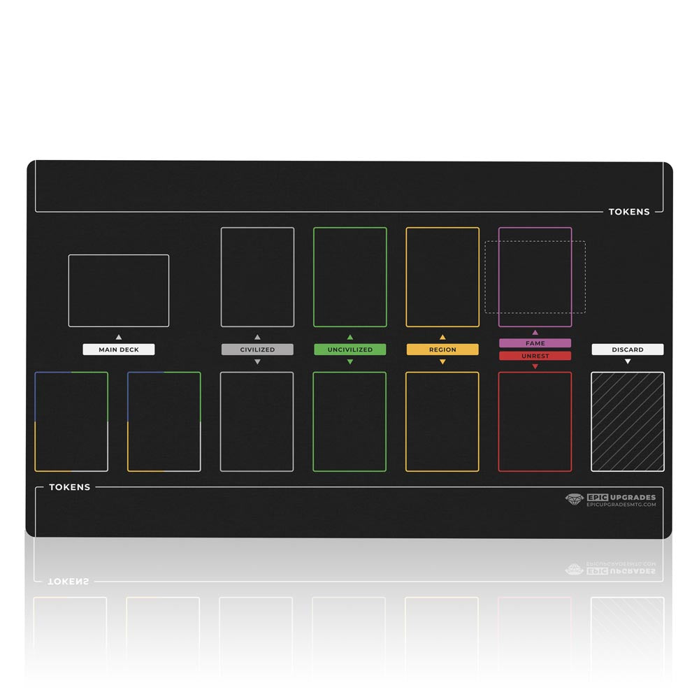 imperium horizons, classics, or legends themed black playmat used for organizing the marketplace in multiplayer tabletop gameplay. Card organization game mat accessory 24 inches by 14 inches. 2MM Thick