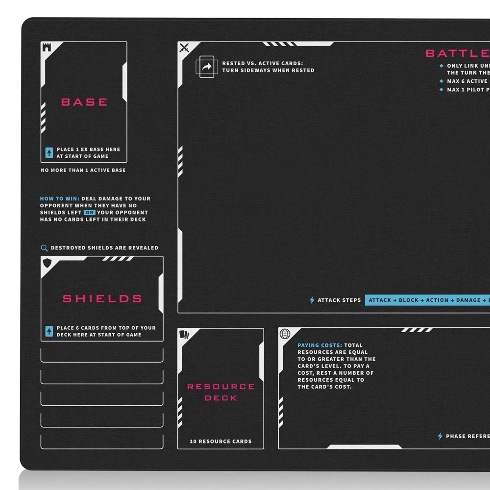 Beginner playmat for Gundam TCG players. Perfect for newcomers learning zones, phases, keywords, and gameplay flow. 24x14 inch size makes it easy to use and store. Great learning tool or gift for new players of the Gundam card game.