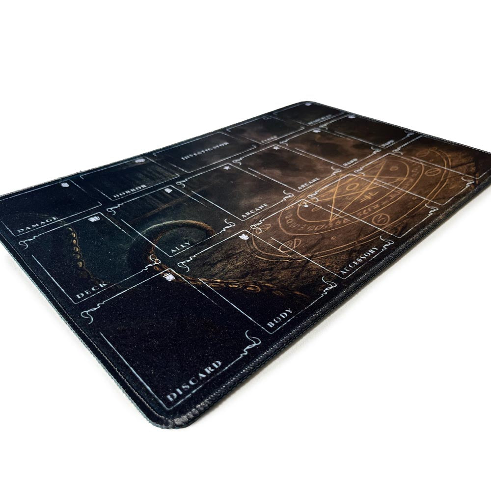 Arkham Horror LCG playmats in multiple colors — premium stitched-edge neoprene mats with investigator zones, damage, horror, arcane, hand, and resource sections. Perfect tabletop accessory for Arkham Horror: The Card Game or other Lovecraft-inspired board games.