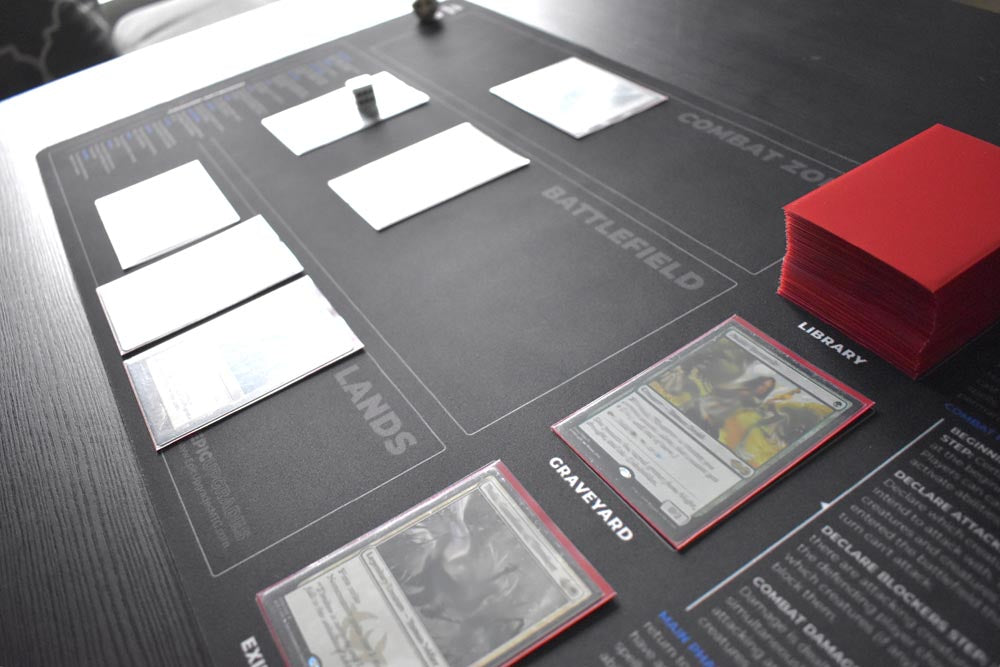 Beginner playmat for magic the gathering players. Rookie play mat mtg newbies with zones, phases, keywords, and life total. 14 by 24 inch dimensions. helpful learning gift for tcg newcomers