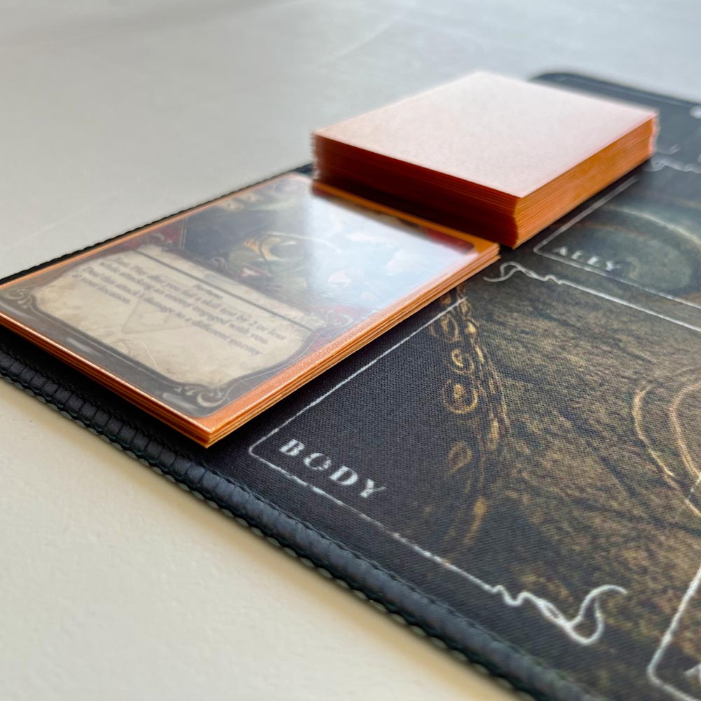 Arkham Horror LCG playmats in multiple colors — premium stitched-edge neoprene mats with investigator zones, damage, horror, arcane, hand, and resource sections. Perfect tabletop accessory for Arkham Horror: The Card Game or other Lovecraft-inspired board games.