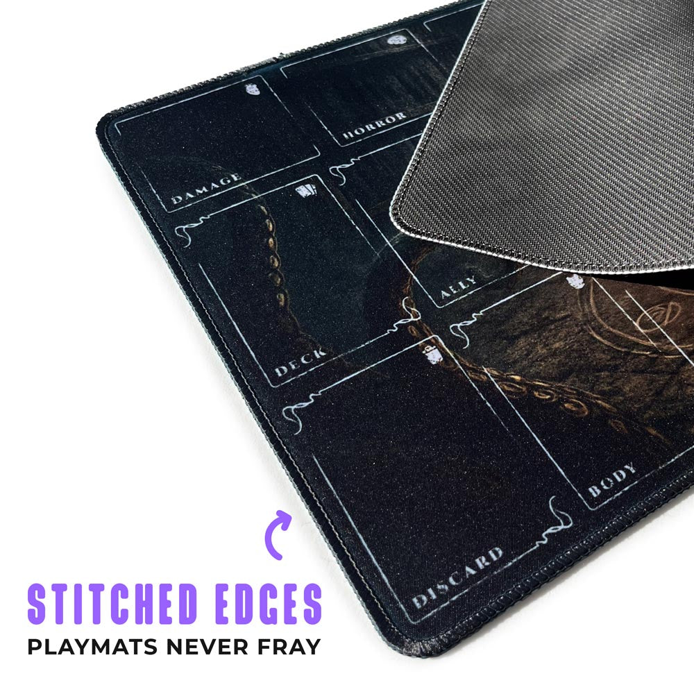 Arkham Horror LCG playmats in multiple colors — premium stitched-edge neoprene mats with investigator zones, damage, horror, arcane, hand, and resource sections. Perfect tabletop accessory for Arkham Horror: The Card Game or other Lovecraft-inspired board games.