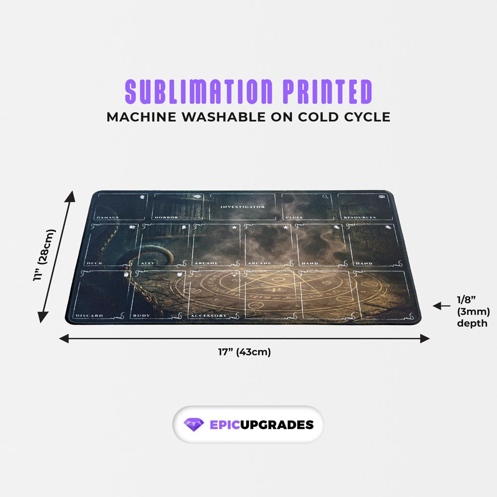 Arkham Horror LCG playmats in multiple colors — premium stitched-edge neoprene mats with investigator zones, damage, horror, arcane, hand, and resource sections. Perfect tabletop accessory for Arkham Horror: The Card Game or other Lovecraft-inspired board games.