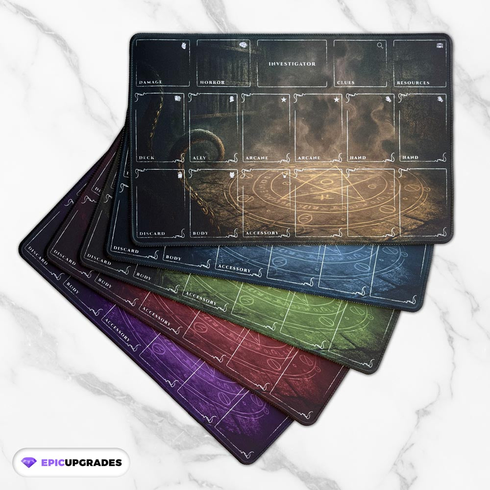 Arkham Horror LCG playmats in multiple colors — premium stitched-edge neoprene mats with investigator zones, damage, horror, arcane, hand, and resource sections. Perfect tabletop accessory for Arkham Horror: The Card Game or other Lovecraft-inspired board games.