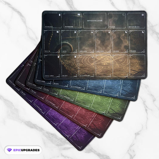 Arkham Horror LCG playmats in multiple colors — premium stitched-edge neoprene mats with investigator zones, damage, horror, arcane, hand, and resource sections. Perfect tabletop accessory for Arkham Horror: The Card Game or other Lovecraft-inspired board games.