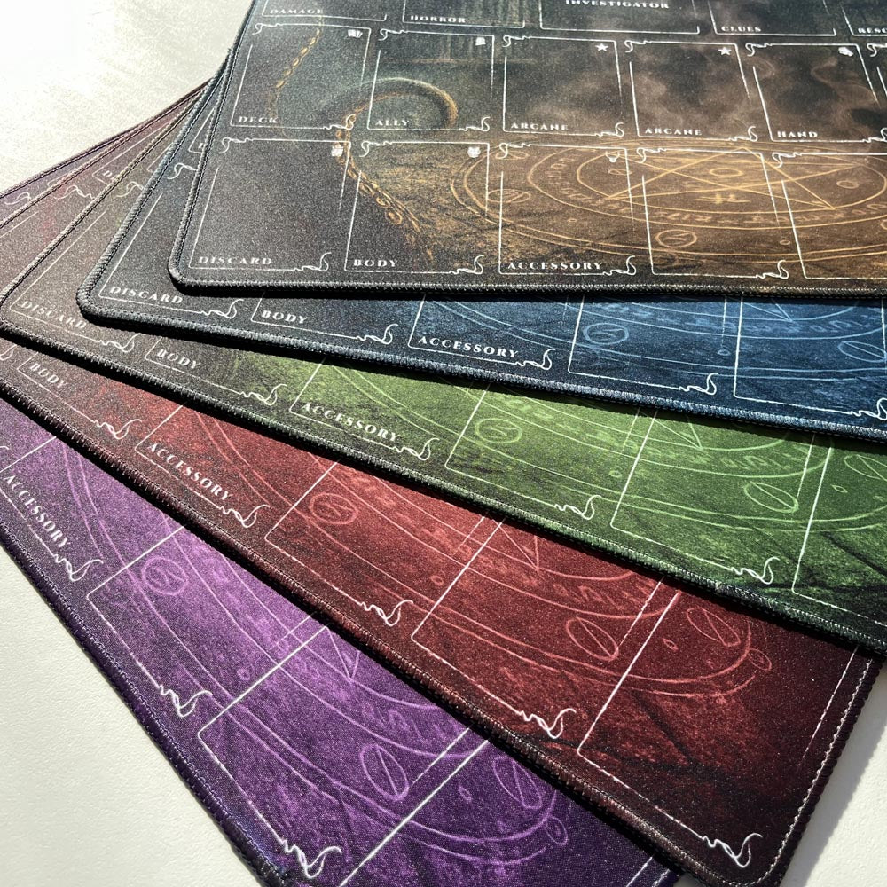 Arkham Horror LCG playmats in multiple colors — premium stitched-edge neoprene mats with investigator zones, damage, horror, arcane, hand, and resource sections. Perfect tabletop accessory for Arkham Horror: The Card Game or other Lovecraft-inspired board games.