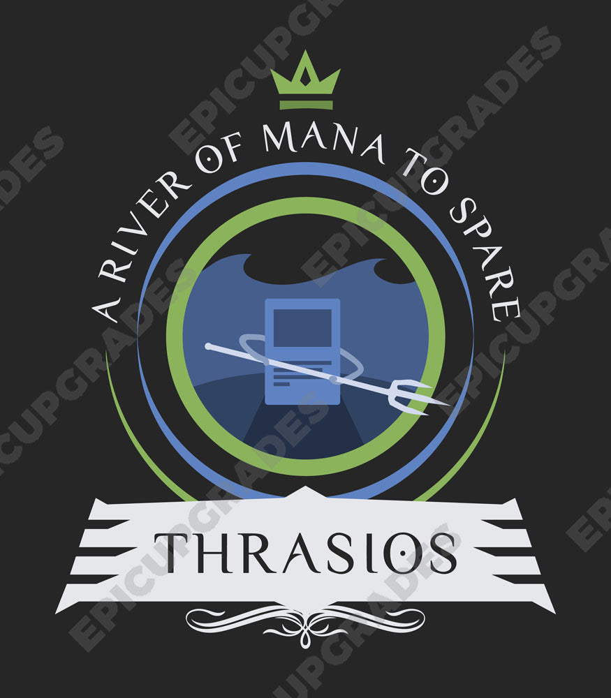 Boldly leading an army of sea creatures, Thrasios, the Triton Hero, wields his power on this epic MTG-themed t-shirt. A must-have for Commander players. Dive into the adventure!