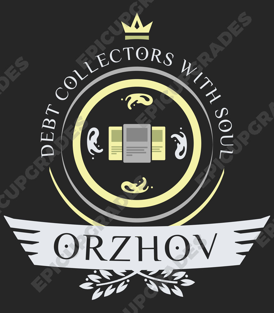 Darkly elegant Orzhov-themed MTG t-shirt, showcasing the iconic guild's symbol and intricate design. Embrace the power of wealth and the afterlife with this stylish, limited edition garment. Perfect for fans of control, decadence, and the shadows of Orzhov Syndicate.