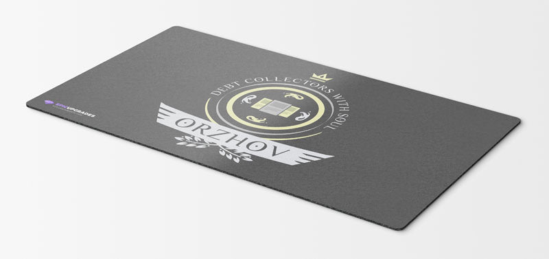 An elegant Orzhov-themed MTG playmat featuring a striking blend of black and white colors. Intricate motifs of angels, guild symbols, and opulent architecture adorn this beautifully designed playmat, capturing the essence of Orzhov's power and ambition.