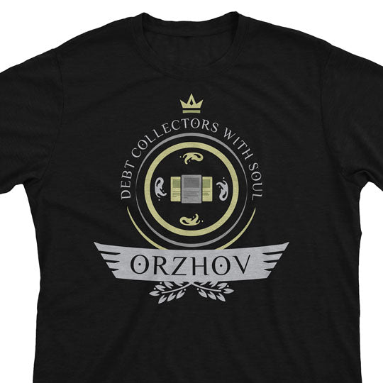 Darkly elegant Orzhov-themed MTG t-shirt, showcasing the iconic guild's symbol and intricate design. Embrace the power of wealth and the afterlife with this stylish, limited edition garment. Perfect for fans of control, decadence, and the shadows of Orzhov Syndicate.