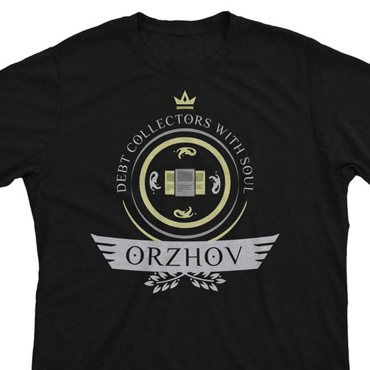 Darkly elegant Orzhov-themed MTG t-shirt, showcasing the iconic guild's symbol and intricate design. Embrace the power of wealth and the afterlife with this stylish, limited edition garment. Perfect for fans of control, decadence, and the shadows of Orzhov Syndicate.
