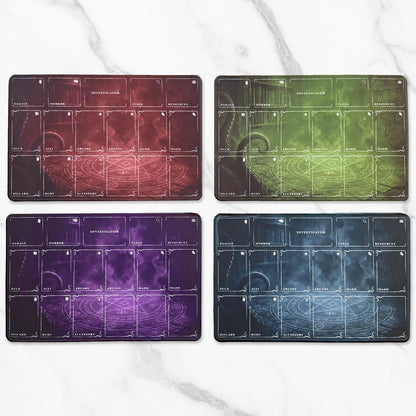 Arkham Horror LCG playmats in multiple colors — premium stitched-edge neoprene mats with investigator zones, damage, horror, arcane, hand, and resource sections. Perfect tabletop accessory for Arkham Horror: The Card Game or other Lovecraft-inspired board games.