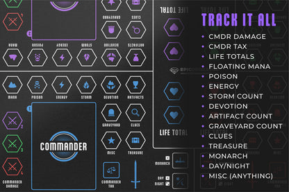 commander zone tracker for edh mtg players to track life totals, resources, commander damage and tax. Makes for a unique multiplayer Magic the gathering player gift idea. Tabletop singleton elder dragon highlander format. 7 inch Space for phone.