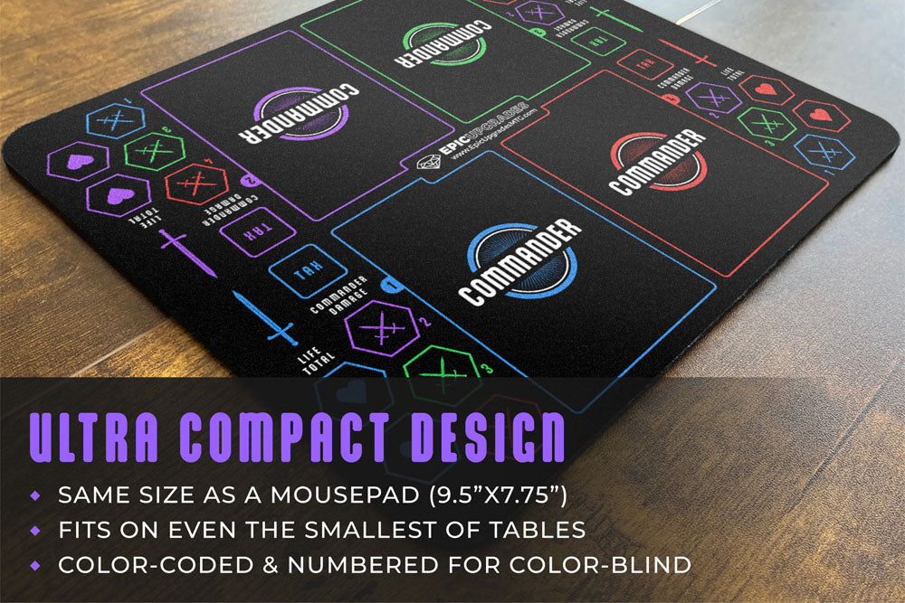 commander zone tracker for edh mtg players to track life totals, resources, commander damage and tax. Makes for a unique multiplayer Magic the gathering player gift idea. Tabletop singleton elder dragon highlander format. Compact size for small tables