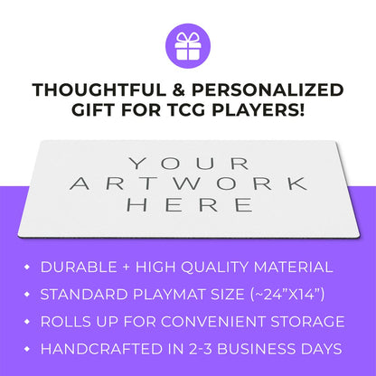 Custom printed playmat for magic the gathering commander EDH FAB Digimon Yugioh Pokemon Lorcana players. Play mat with zones. 24 by 14 inch dimensions. Thoughtful personalized TCG player gift idea.