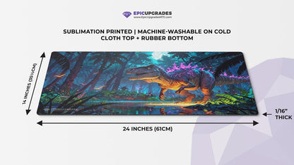 dinosaur cartoon playmat for magic the gathering players. 24" x 14" tribal card mat for commander EDH