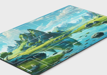 Palworld TCG playmat featuring the Emerald Highlands fantasy landscape with towering green mountains, a crystal-clear lake, and lush meadows. The 24x14-inch playmat includes clearly labeled game zones for Base, Soul Area, Soul Deck, Deck, Graveyard, Exile, Materials, Ingredients, Life, and Pal cards. Premium full-color artwork with an organized layout designed for casual and competitive Palworld TCG gameplay.
