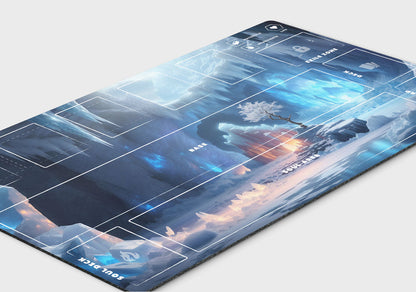 Palworld TCG playmat featuring the Crystal Cavern fantasy landscape with glowing blue ice formations, towering icicles, frozen crystals, and a snowy cavern. The 24x14-inch playmat includes clearly labeled game zones for Base, Soul Area, Soul Deck, Deck, Graveyard, Exile, Materials, Ingredients, Life, and Pal cards. Premium full-color artwork with an organized layout designed for casual and competitive Palworld TCG gameplay.