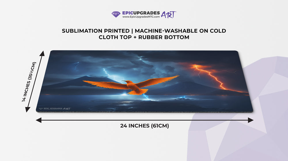 a beautiful orange bird resembling the iconic magic the gathering card Birds of Paradise. A volcano and lightning over a body of water in the background. 24 by 14 inch playmat art. bolt the bird!