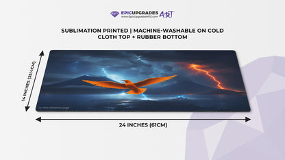a beautiful orange bird resembling the iconic magic the gathering card Birds of Paradise. A volcano and lightning over a body of water in the background. 24 by 14 inch playmat art. bolt the bird!