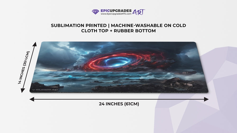 a violent rift-like storm brews in the distance, enveloping an entire city in mass destruction. inspired by the iconic edh cyclonic rift card. mtg commander play mat 24 inches by 14 inches