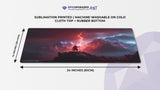 a beautiful scene with a wizard casting an enormous lightning bolt into a valley of mountains that lights up the sky. mtg red aggro burn play mat 24 inches by 14 inches