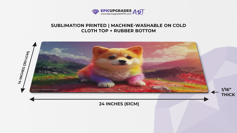 an adorable baby rainbow puppy dog playmat for mtg magic the gathering pokemon yugioh flesh and blood fab tcg players. 24 inch by 14 inch play mat card game accessories