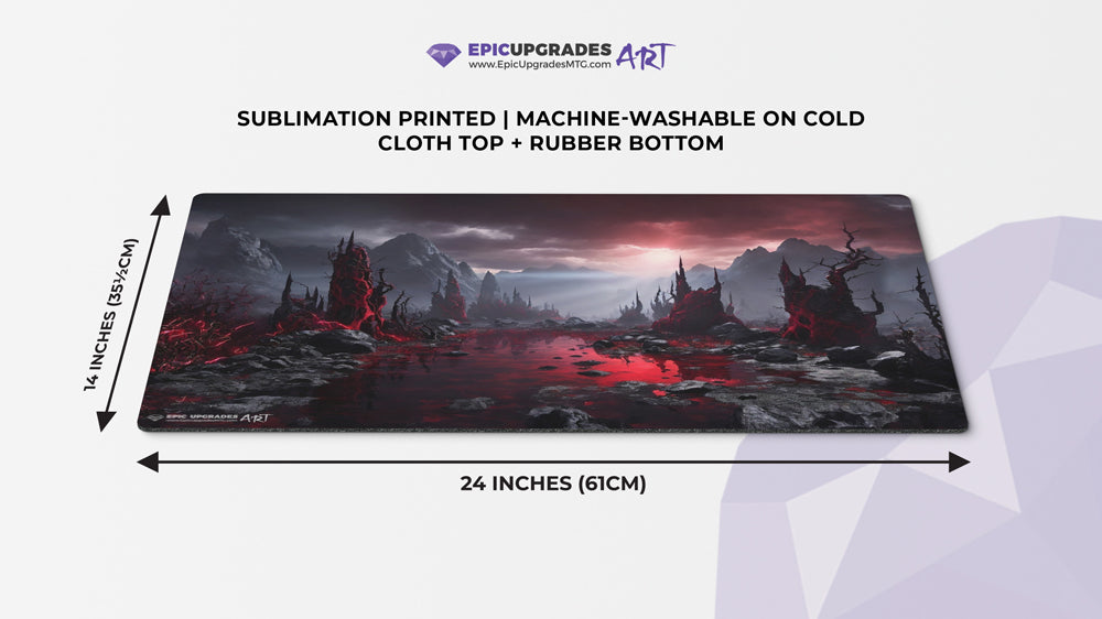 a breathtaking depiction of rakdos bloodstained mire red and black swamp mountains. dual land mana mtg player playmat. 24 by 14 inches cloth top rubber bottom.