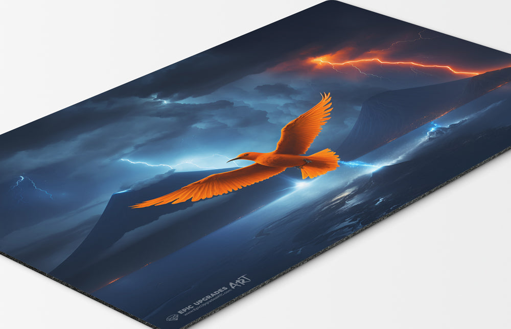 a beautiful orange bird resembling the iconic magic the gathering card Birds of Paradise. A volcano and lightning over a body of water in the background. 24 by 14 inch playmat art. bolt the bird!