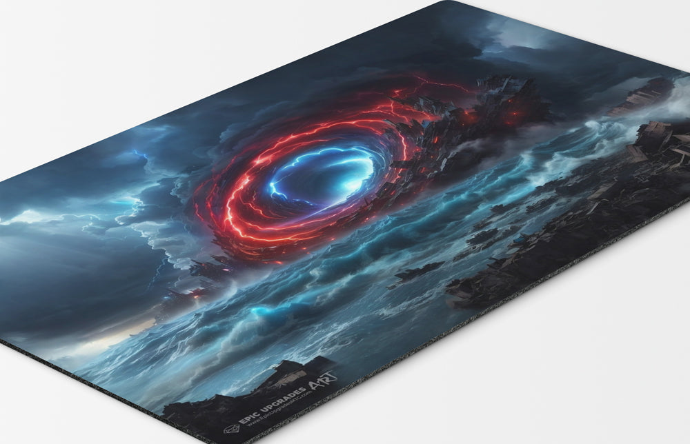 a violent rift-like storm brews in the distance, enveloping an entire city in mass destruction. inspired by the iconic edh cyclonic rift card. mtg commander play mat 24 inches by 14 inches