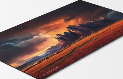 a breathtaking depiction of boros arid mesa red and white plains mountains. dual land mana mtg player playmat. 24 by 14 inches cloth top rubber bottom.