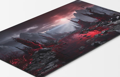 a breathtaking depiction of rakdos bloodstained mire red and black swamp mountains. dual land mana mtg player playmat. 24 by 14 inches cloth top rubber bottom.