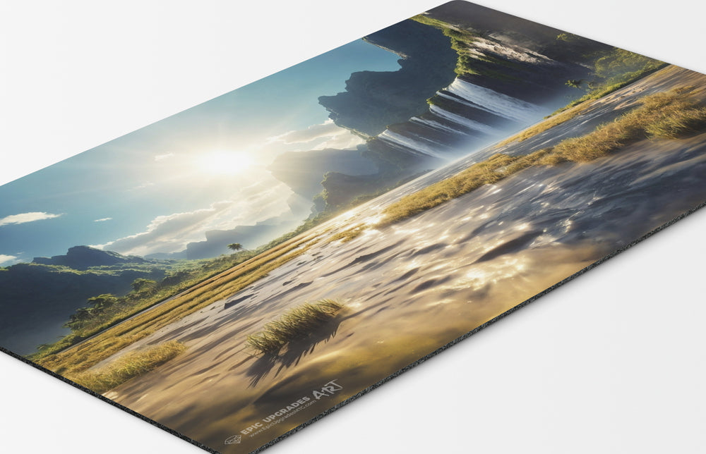 a breathtaking depiction of azorius flooded strand white blue plains island. dual land mana mtg player playmat. 24 by 14 inches cloth top rubber bottom.