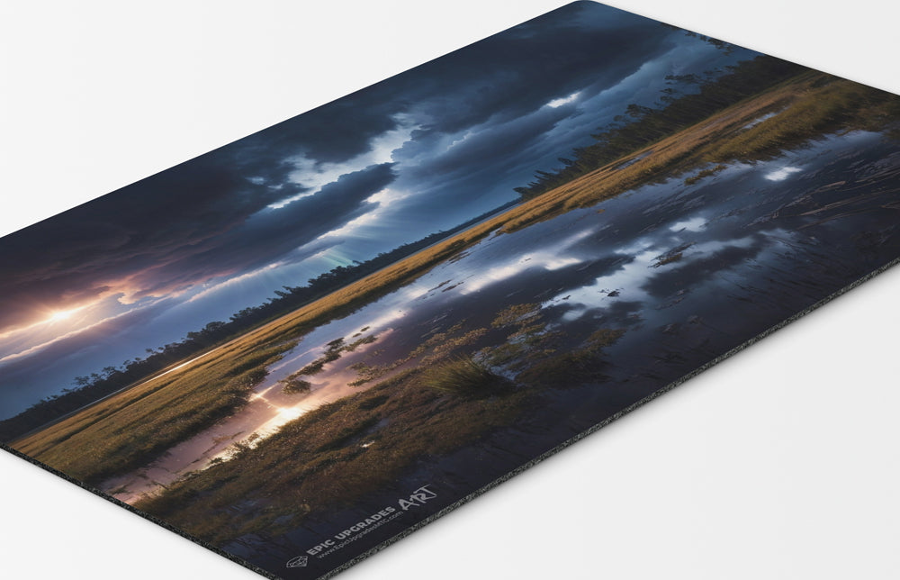 a breathtaking depiction of orzhov marsh flats plains swamp black white. dual land mana mtg player playmat. 24 by 14 inches cloth top rubber bottom.