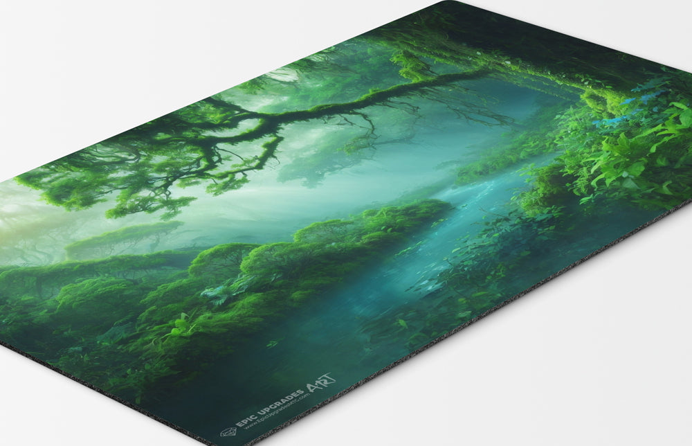 a breathtaking depiction of simic misty rainforest green blue forest island. dual land mana mtg player playmat. 24 by 14 inches cloth top rubber bottom.