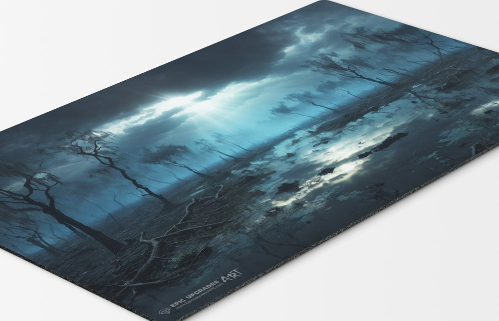 a breathtaking depiction of dimir polluted delta blue black island swamp. dual land mana mtg player playmat. 24 by 14 inches cloth top rubber bottom.