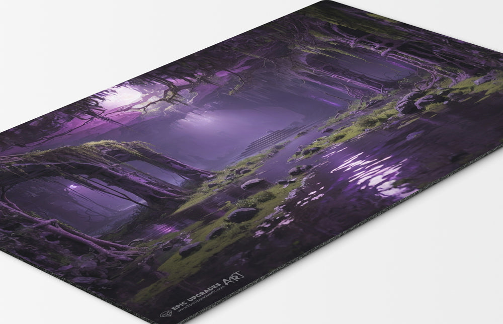 a breathtaking depiction of golgari verdant catacombs green black forest swamp. dual land mana mtg player playmat. 24 by 14 inches cloth top rubber bottom.