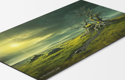 a breathtaking depiction of windswept heath selesnya white green plains forest. dual land mana mtg player playmat. 24 by 14 inches cloth top rubber bottom.