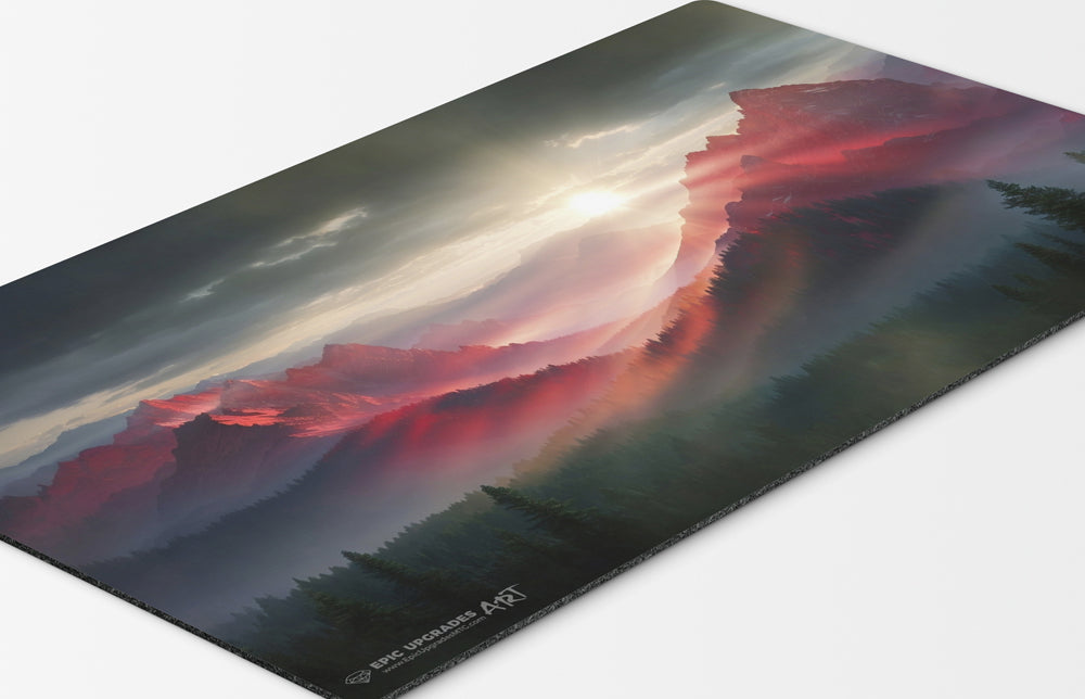 a breathtaking depiction of wooded foothills green red gruul forest mountain. dual land mana mtg player playmat. 24 by 14 inches cloth top rubber bottom.