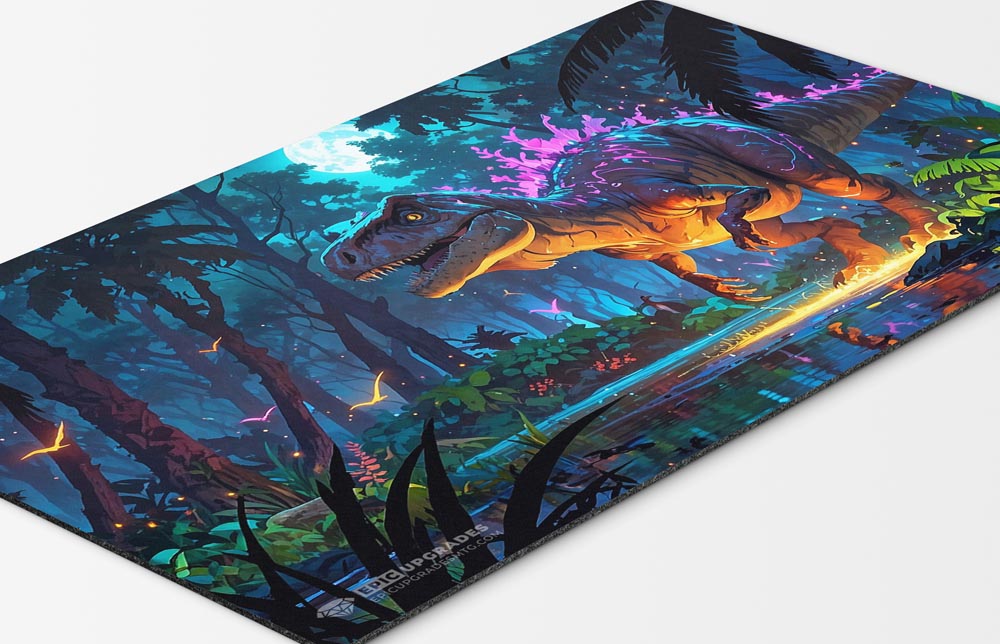 dinosaur cartoon playmat for magic the gathering players. 24" x 14" tribal card mat for commander EDH