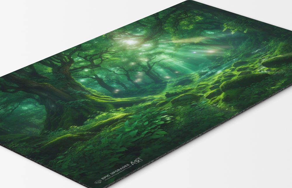 a beautiful green forest. mono green mana mtg player playmat. 24 by 14 inches cloth top rubber bottom.